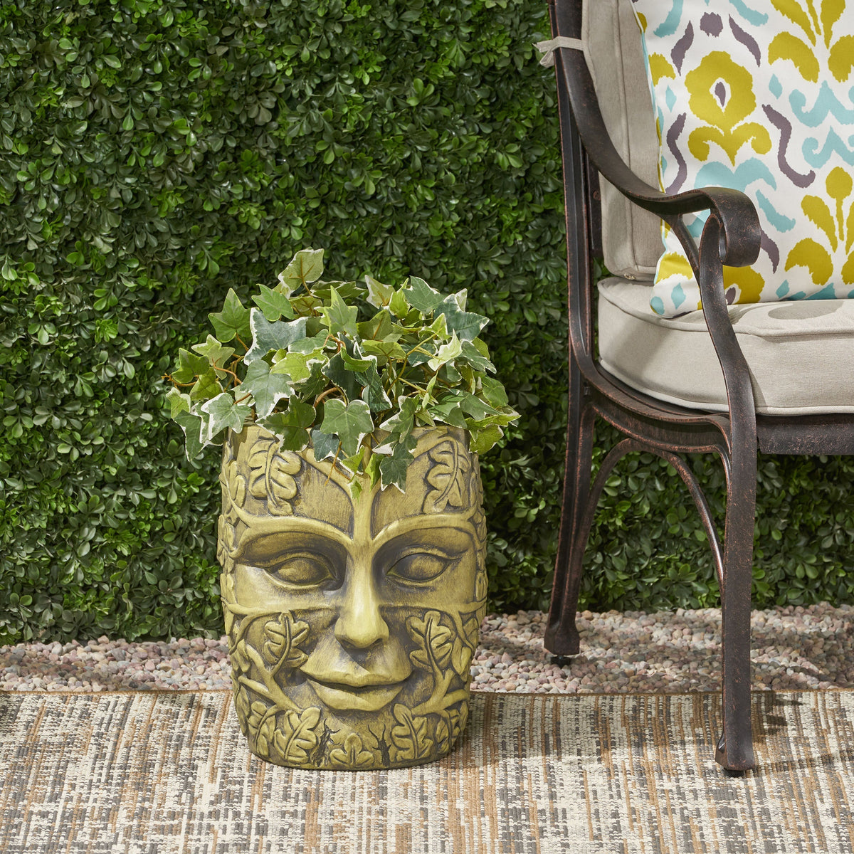 Garden Urn Planter with Carved Detail - Antique Green