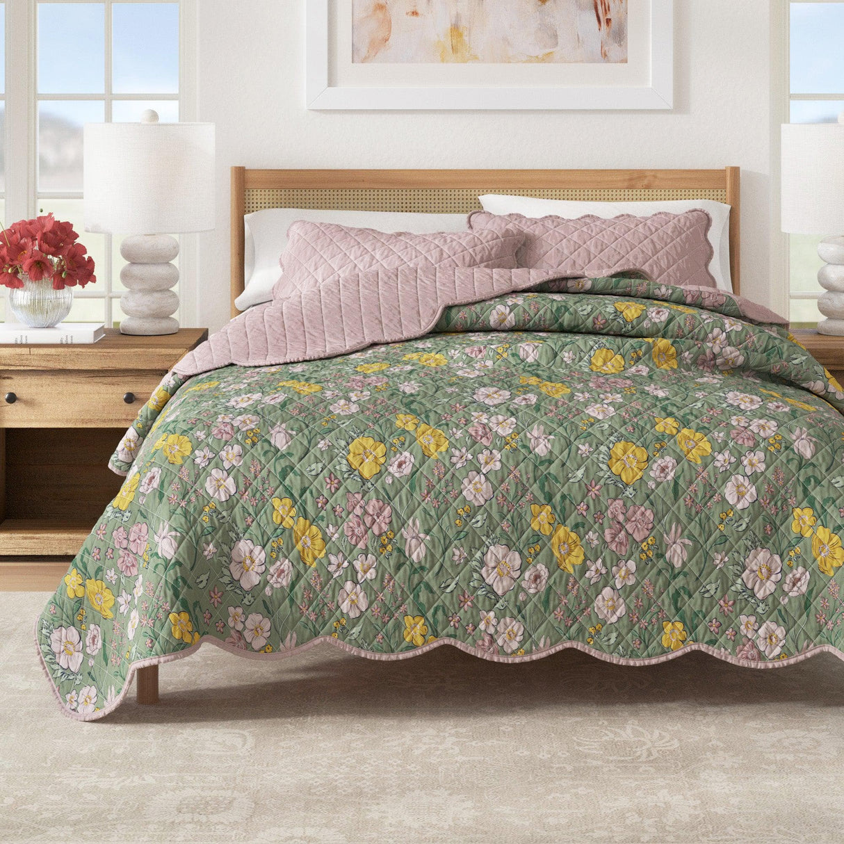 Floral Print & Scalloped Edge Cotton Quilt Set - Gwen Collection