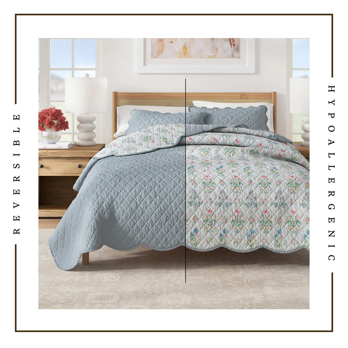 Katrin Floral Print & Scallopeded Edge Cotton Quilt Set