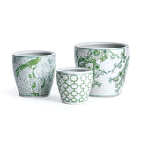 Green and White Chinoiserie Ceramic Planters (Set of 3)