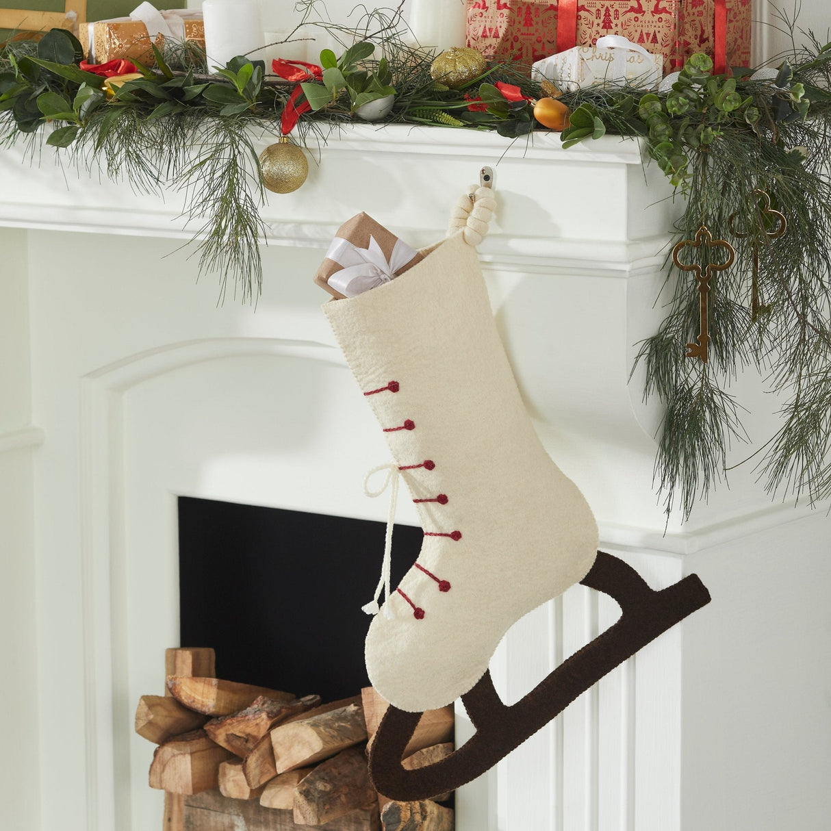 Ice Skate Hand Felted Wool Cream Christmas Stocking Skate Arcadia Home