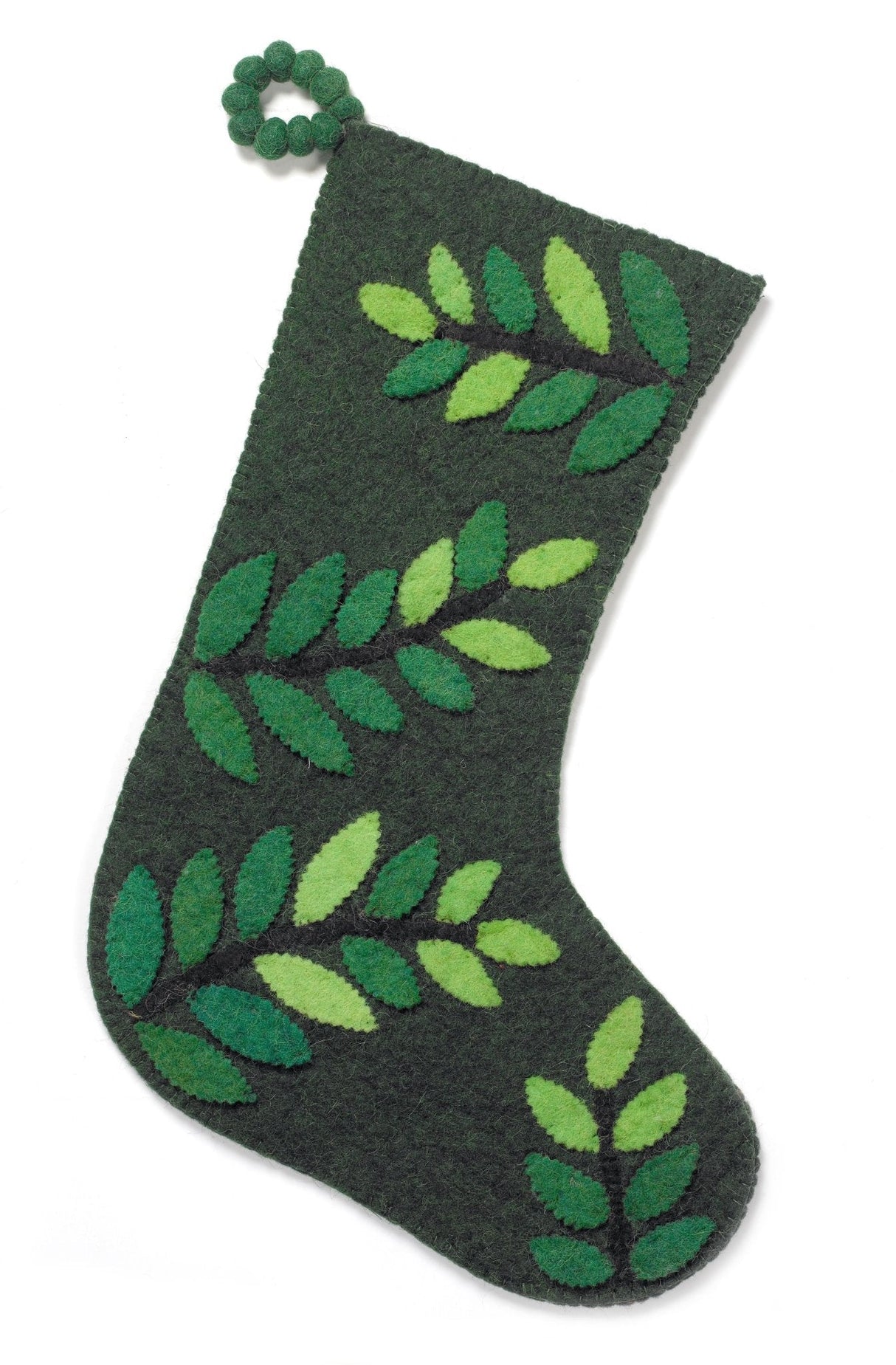 Hand Felted Wool Christmas Stocking - Leaves Green Arcadia Home