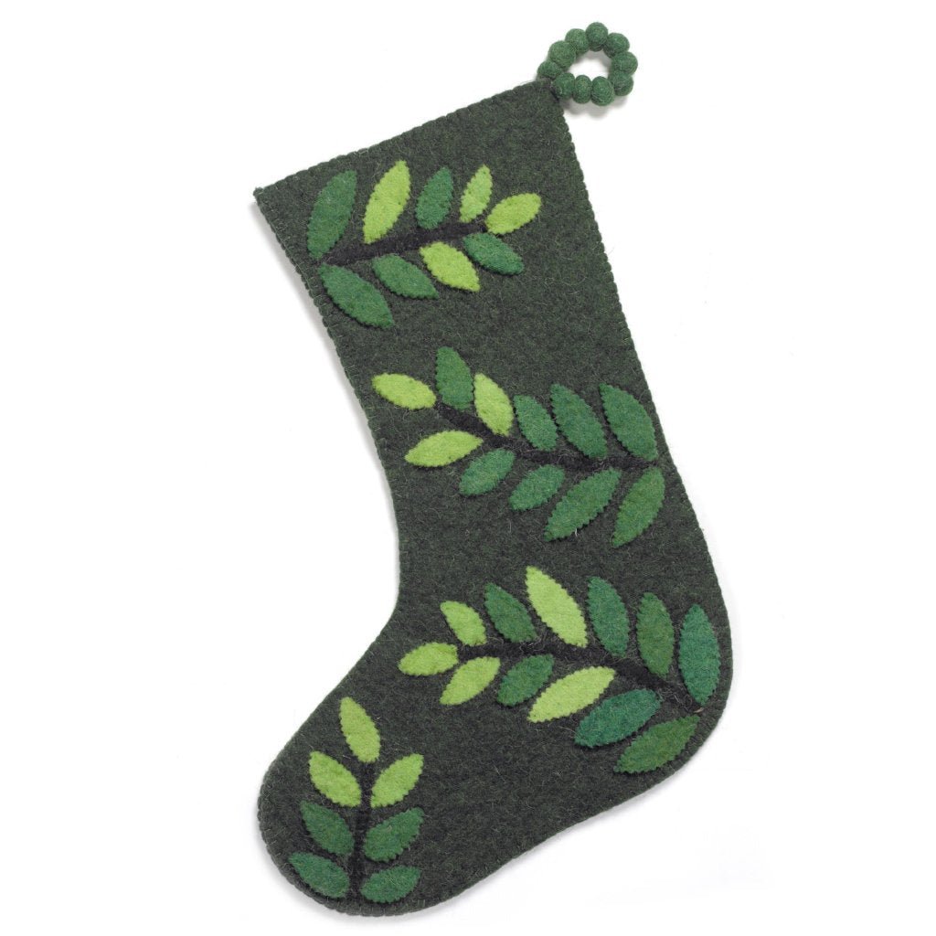 Hand Felted Wool Christmas Stocking - Leaves Green Arcadia Home