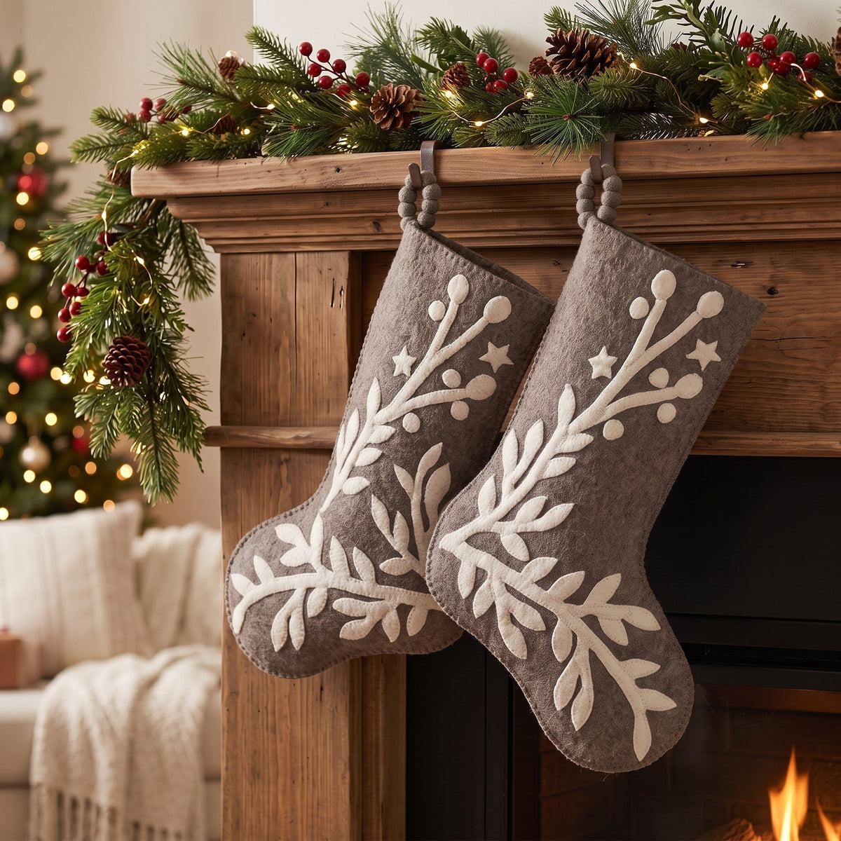 Hand Felted Wool Christmas Stocking, Stars and Branch Gray