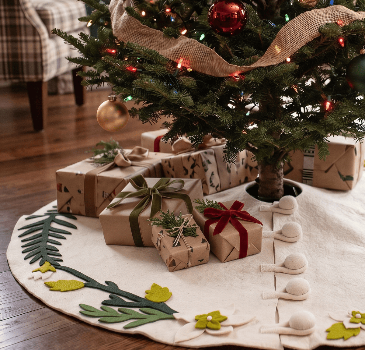 Handmade Christmas Tree Skirt Felt - Greenery Border Cream
