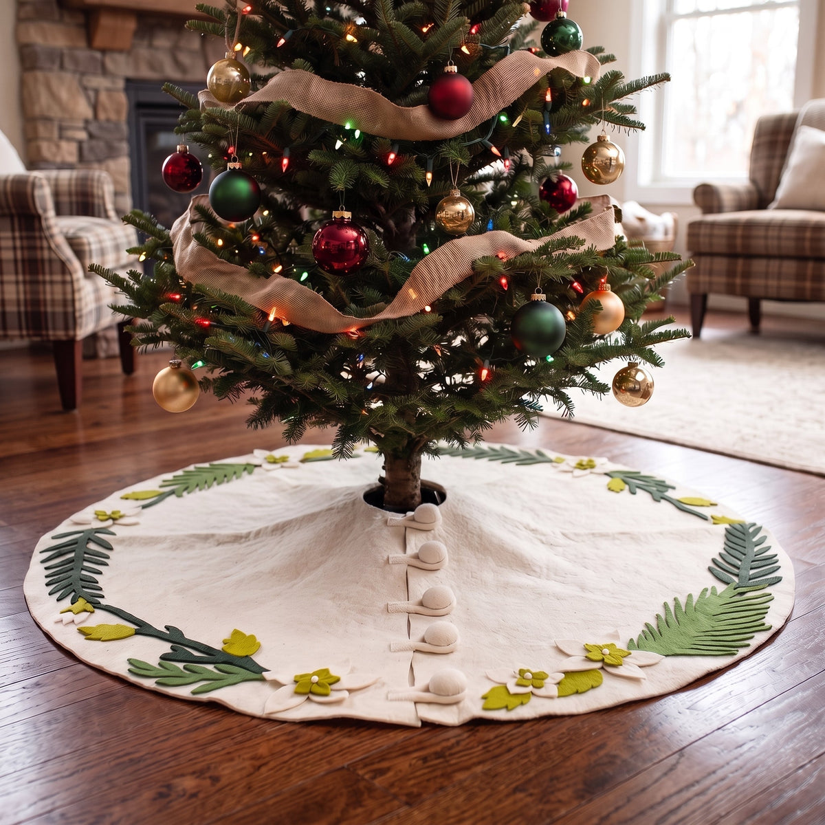 Handmade Christmas Tree Skirt Felt - Greenery Border Cream