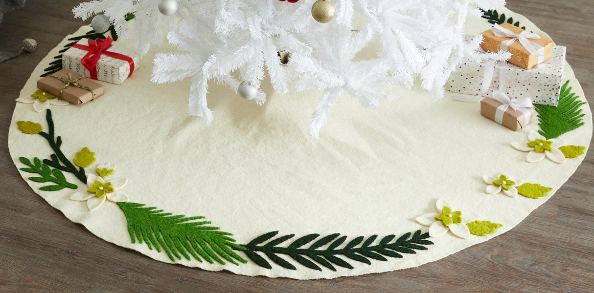 Handmade Christmas Tree Skirt Felt - Greenery Border Cream - 36"/60"/72" Arcadia Home