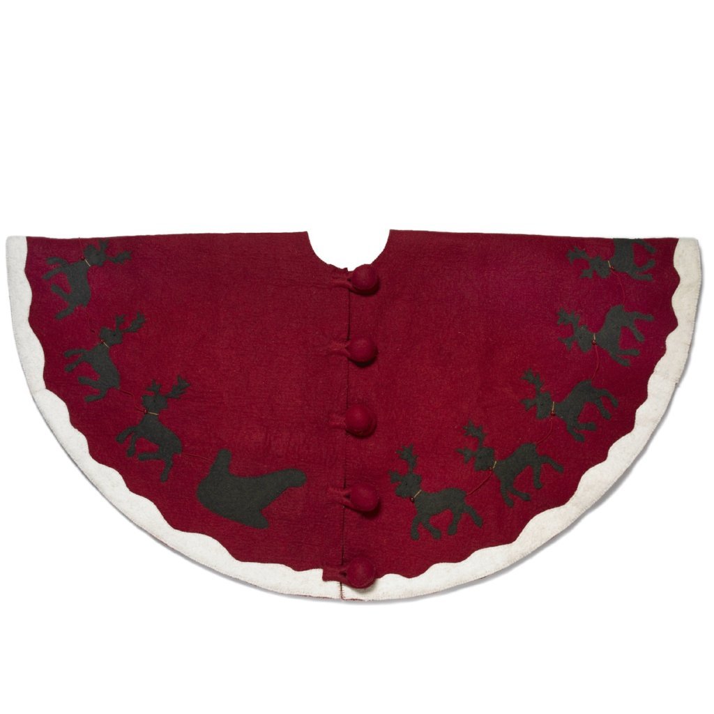 Handmade Felt Sleigh and Reindeer Red Christmas Tree Skirt 60" Arcadia Home