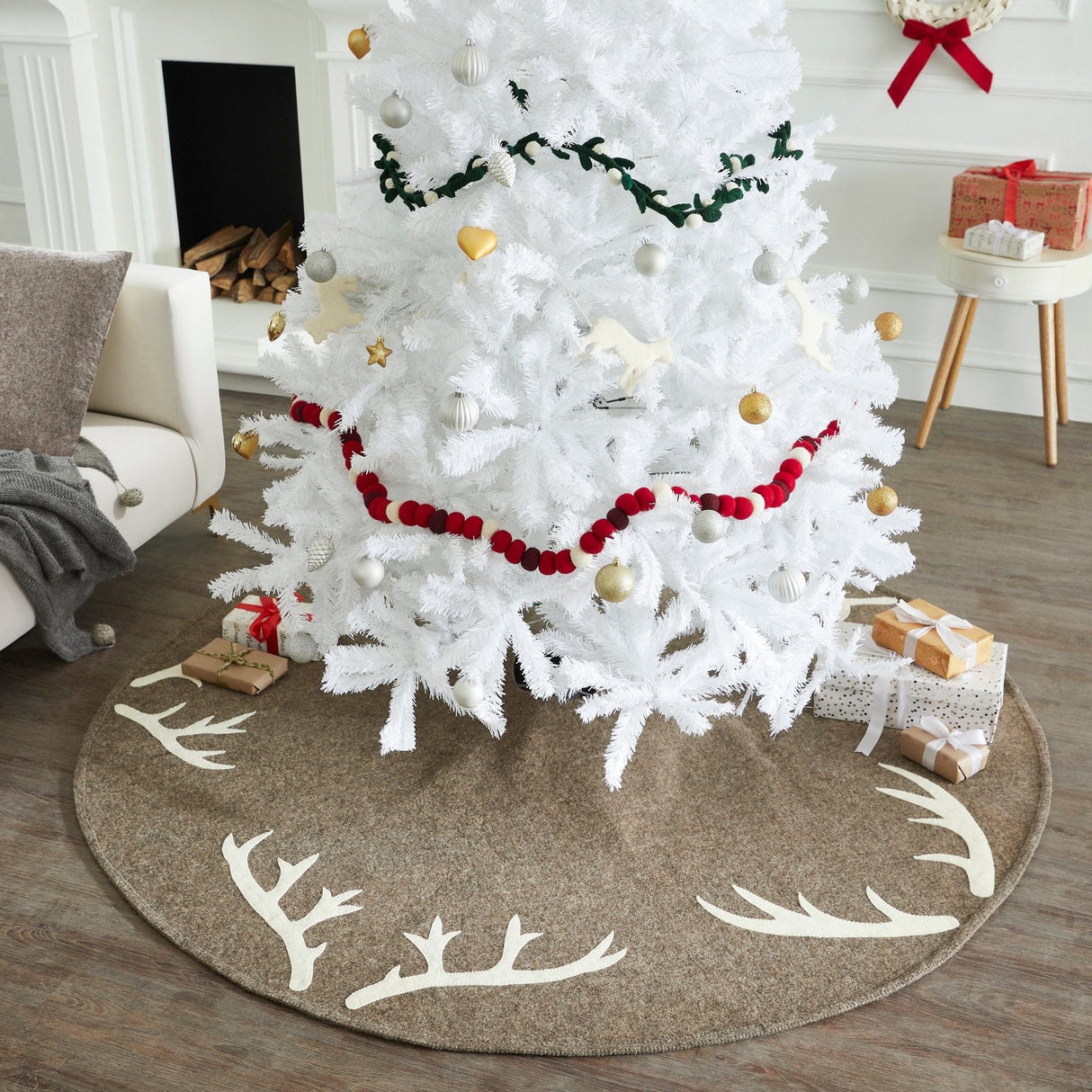 Handmade Felt Antlers Gray Christmas Tree Skirt 60" / 72" Arcadia Home