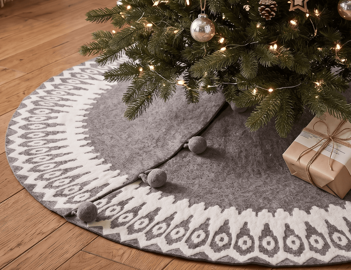 Handmade Felt Scandinavian Design Gray Christmas Tree Skirt 60"