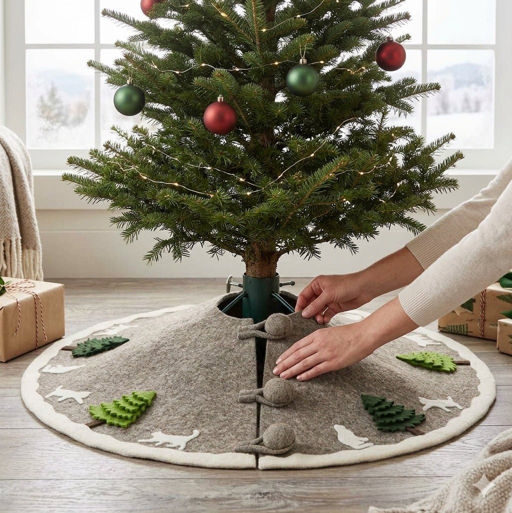 Handmade Felted Cats and Green Trees Grey Christmas Tree Skirt 36",