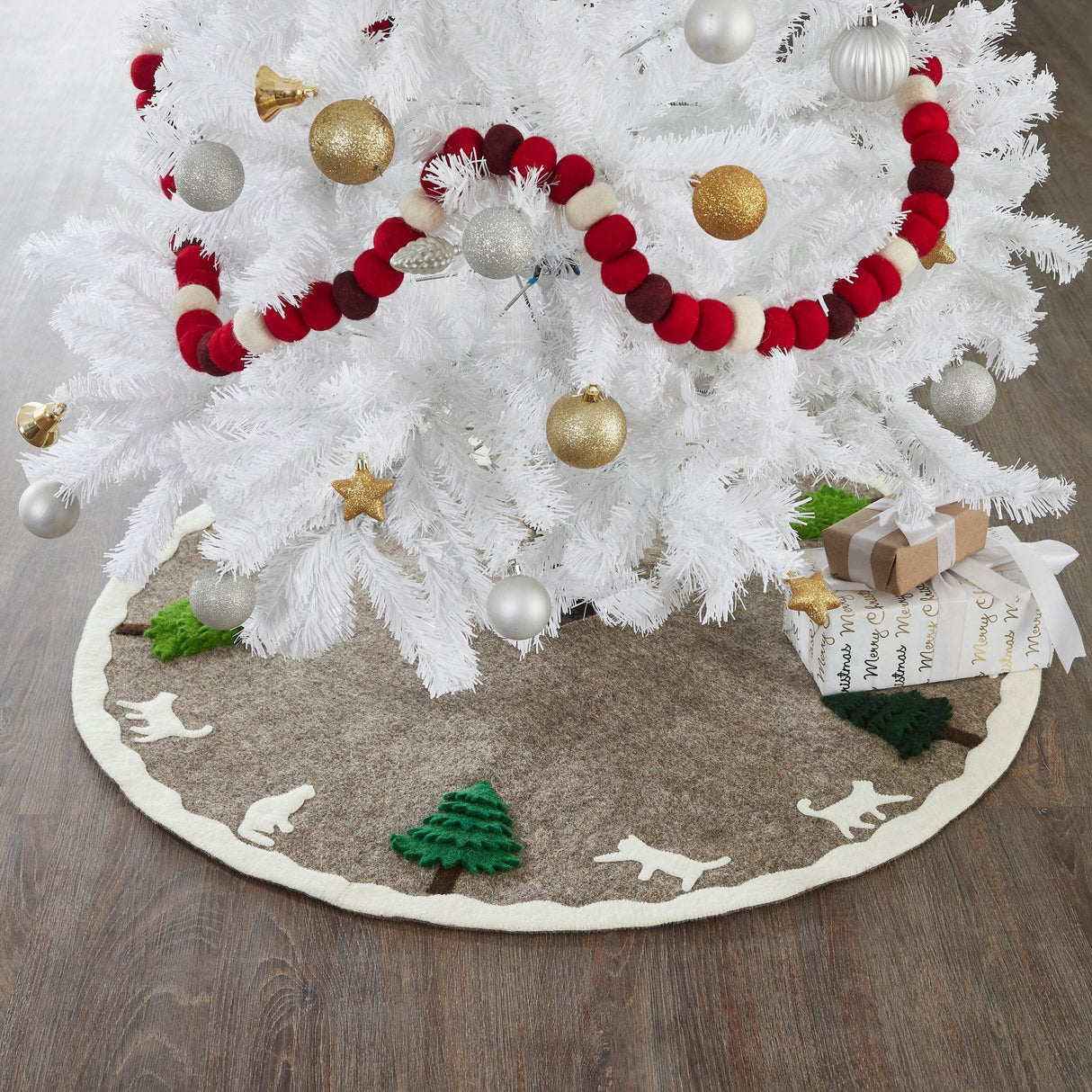 Handmade Felted Cats and Green Trees Grey Christmas Tree Skirt 36",  Arcadia Home