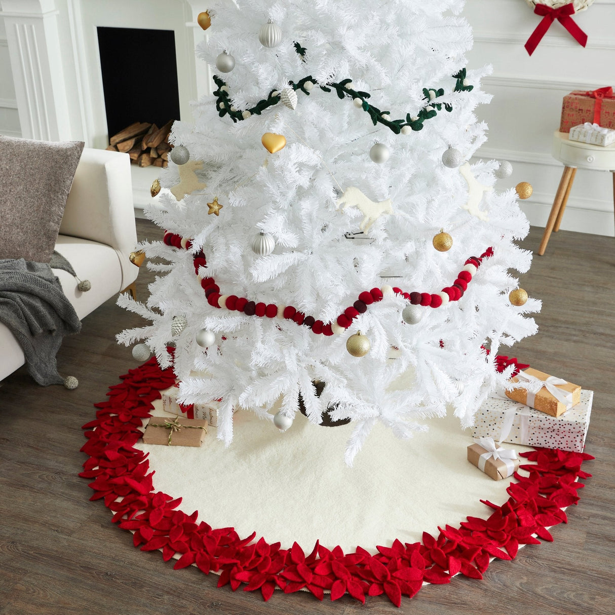 Handmade Felted Wool Red Flowers Christmas Tree Skirt - 64" Arcadia Home