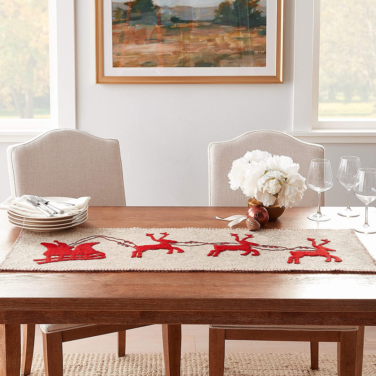 Gray Hand Felted Wool Christmas Table Runner - Reindeer and Sleigh - 16"x44" Arcadia Home