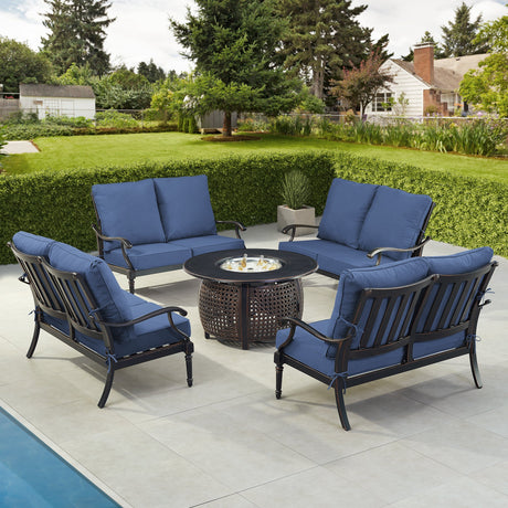 Black Aluminum Fire Table Set with Four Deep Seating Loveseats