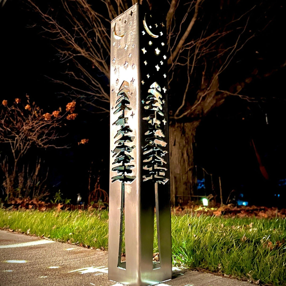 4-Sided Night Sky Pine Tree Solar Pillar - Steel