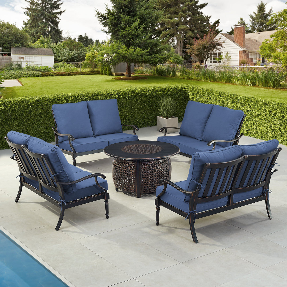 Black Aluminum Fire Table Set with Four Deep Seating Loveseats
