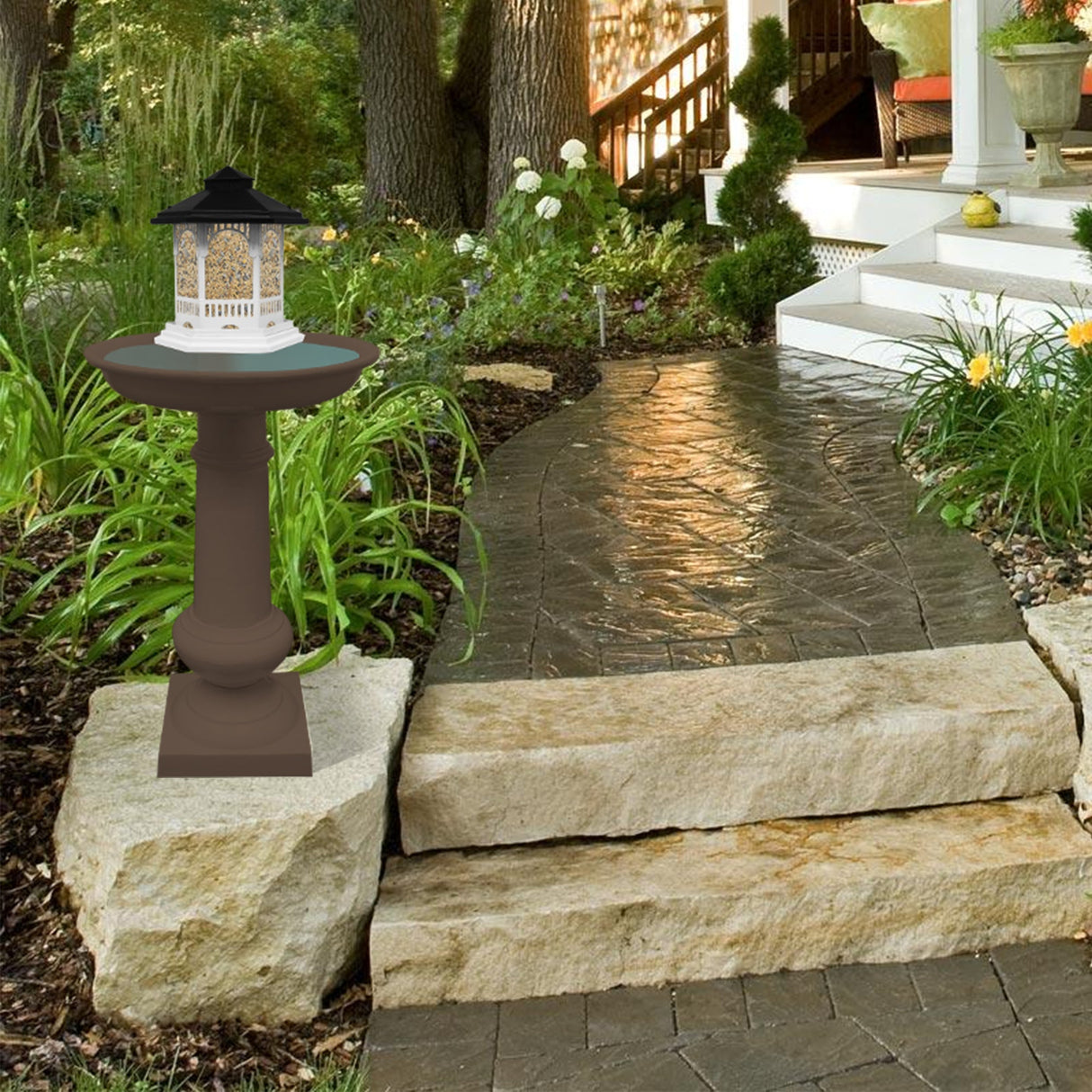 Modern Round Cast Aluminum Metal 40-in Bird Bath and Bird Feeder Combo