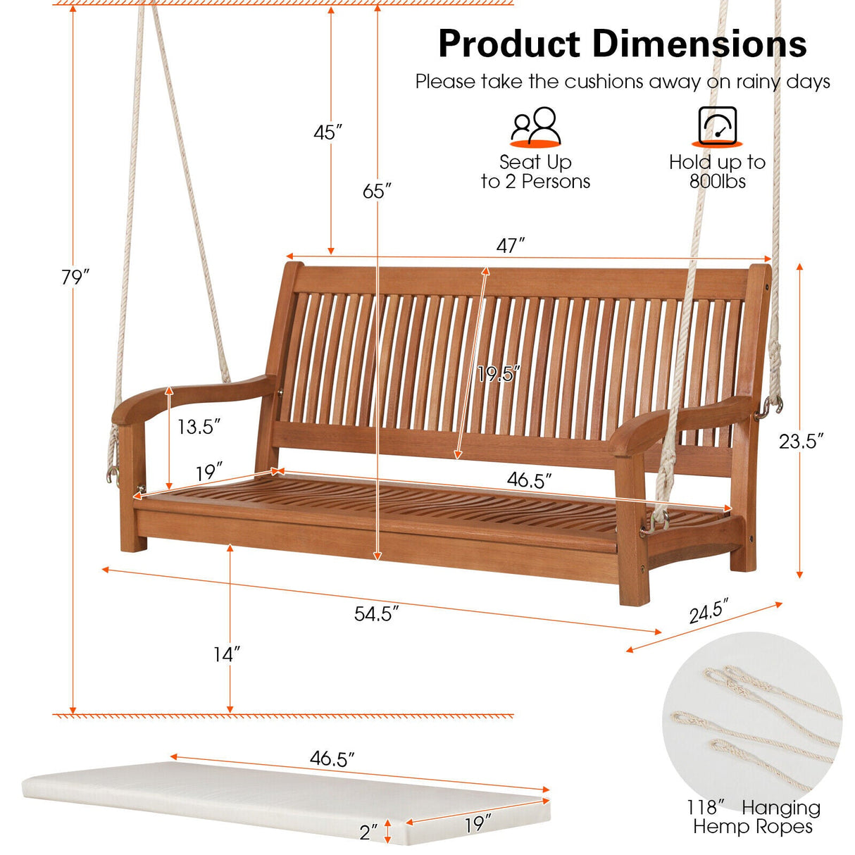 Wood Porch Swing Bench with Cushion