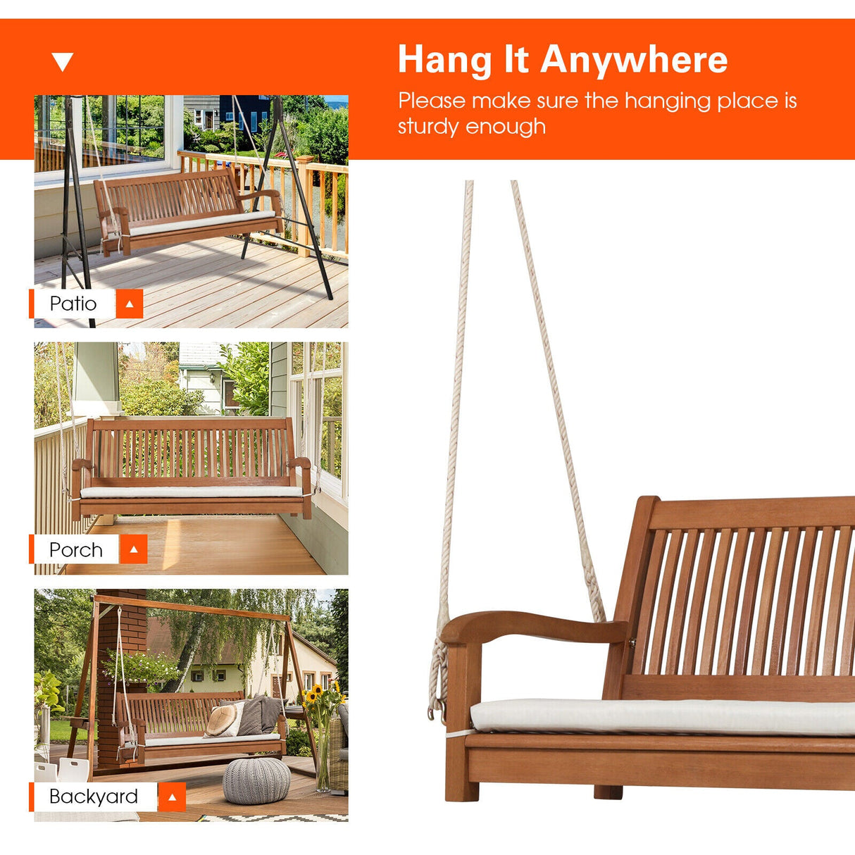 Wood Porch Swing Bench with Cushion
