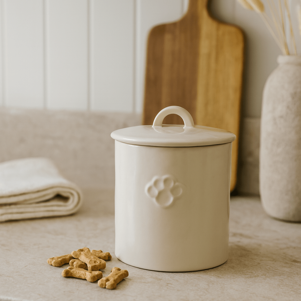 Stoneware Pet Treat Canister with Paw Print – Neutral Glaze
