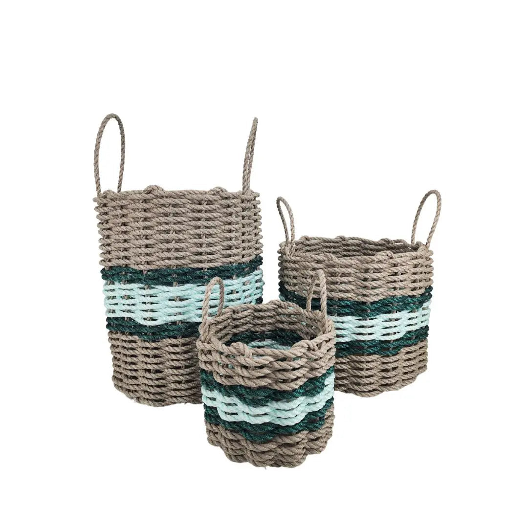 Lobster Rope Basket Tan and Seafoam, Hunter Green Accents – Plow