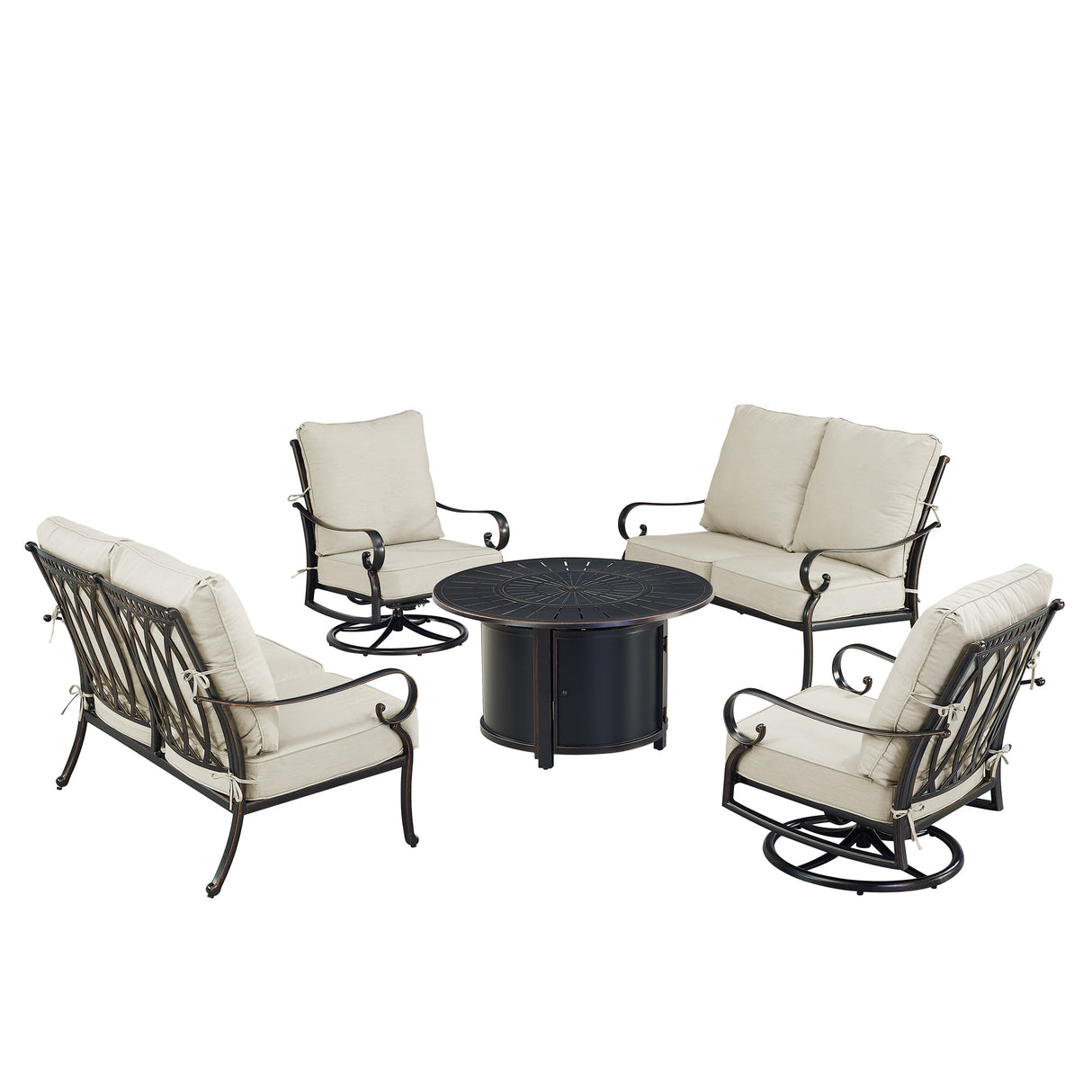 Black Aluminum Fire Table Set with Two Loveseats and Two Club Chairs