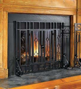 38"W x 31"H Beveled Glass Diamond Fireplace Screen With Powder-Coated Tubular Steel Frame - Black