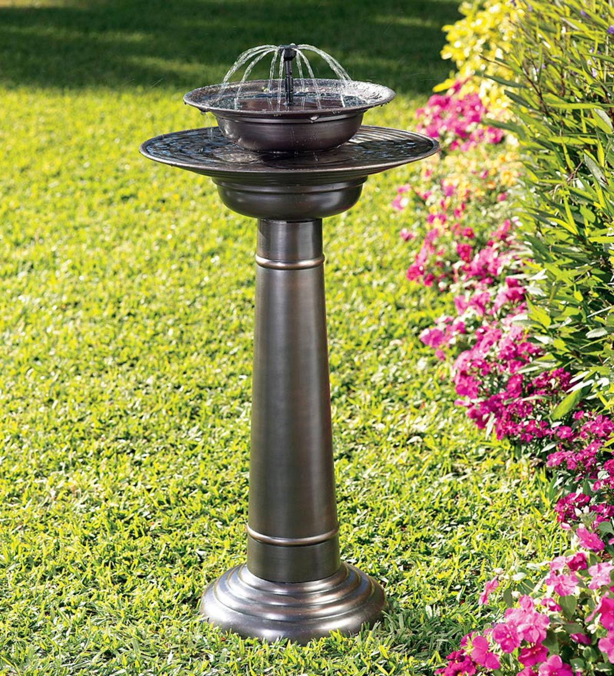 17-3/4”dia. x 31-1/2”H Solar-Powered Two-Tier Aluminum Fountain Birdbath with Shower and Bubbling Fountain Heads