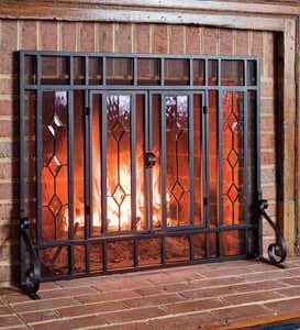38"W x 31"H Beveled Glass Diamond Fireplace Screen With Powder-Coated Tubular Steel Frame - Black