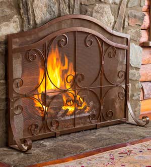 Large Crest Flat Guard Fireplace Screen - Copper