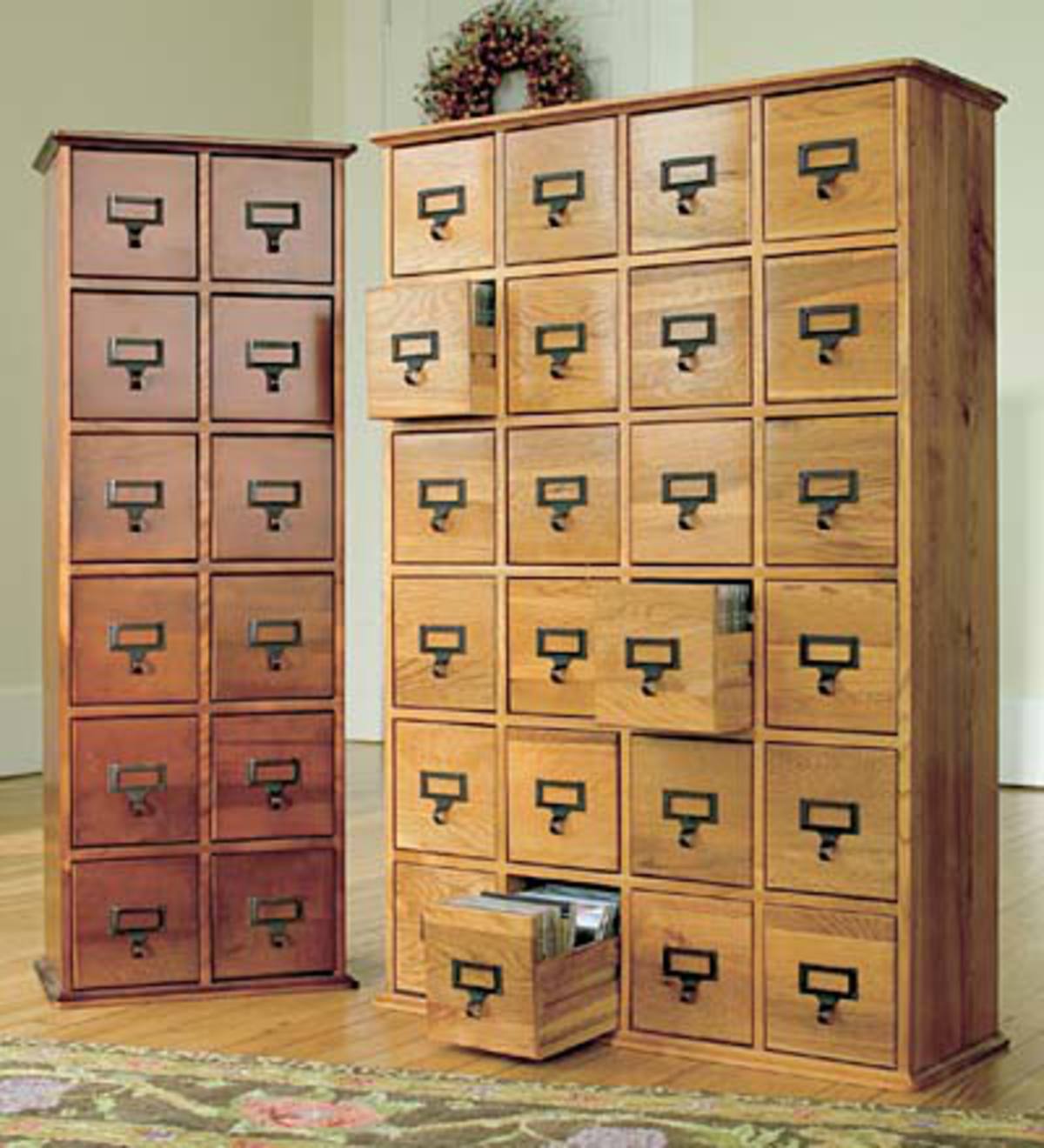 Retro-Style Wooden 24-Drawer Multimedia Library File Cabinet - OAK FINISH