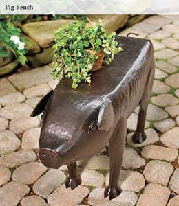 Hammered-Iron Patio and Garden Pig Table 30”L x 10-1/2”W x 16-3/4”H