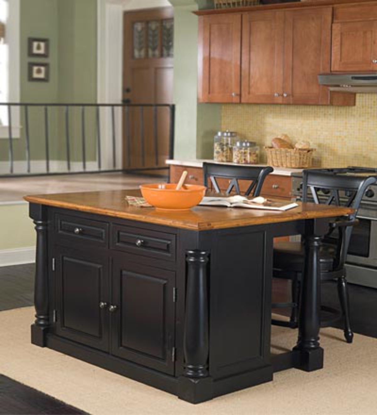 Kitchen Island in Black and Distressed Oak Veneer with Wood Countertop