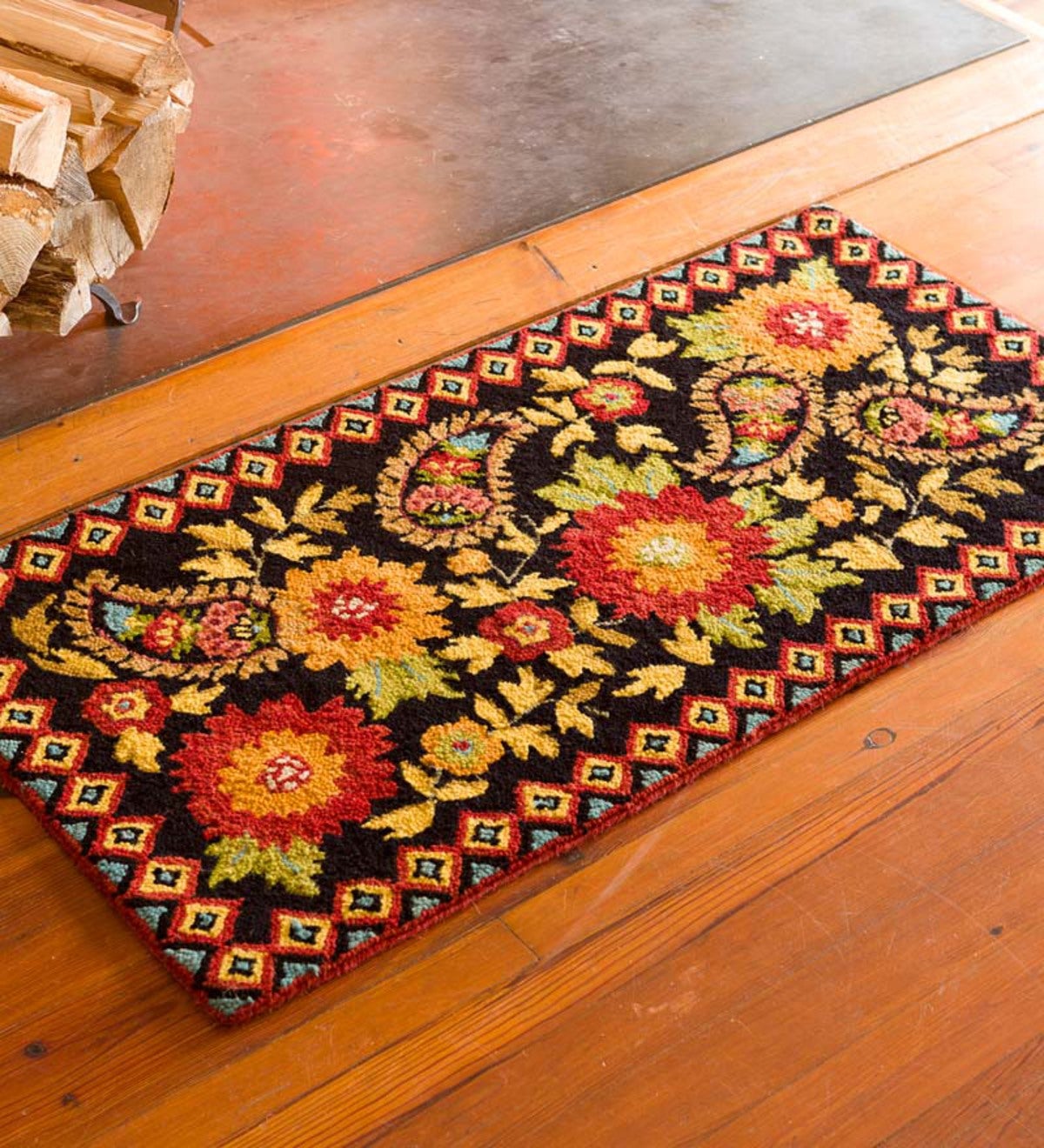 Hooked Wool Floral Paisley Hearth Rug