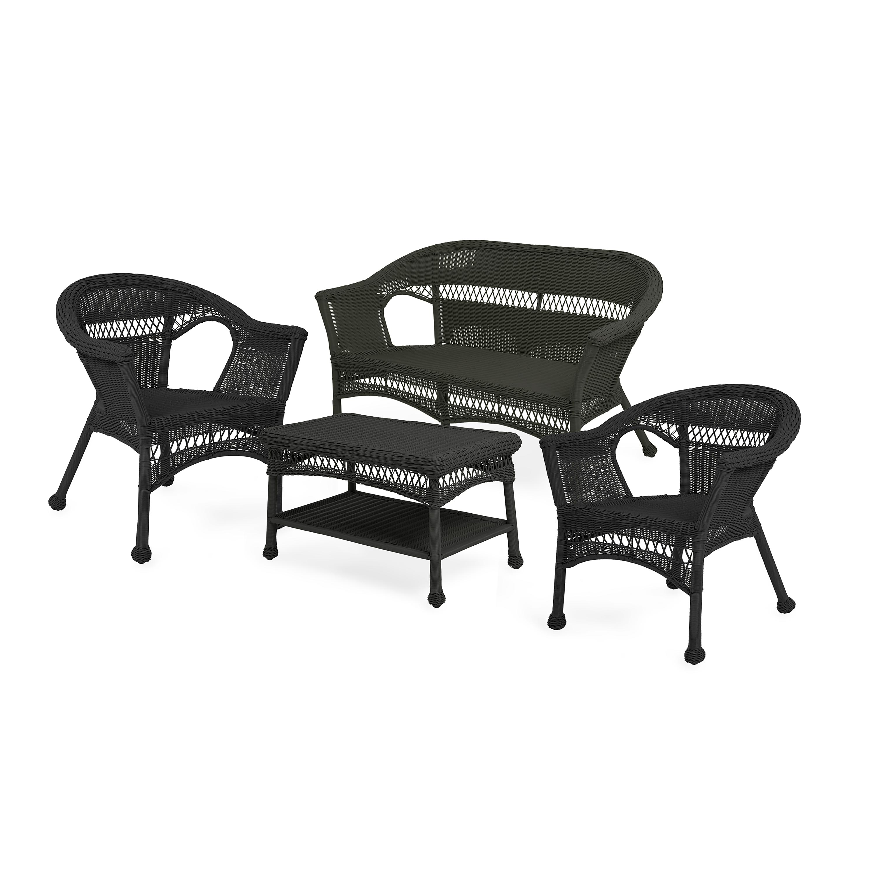 Easy Care Resin Wicker Love Seat, Chairs And Coffee Table Set - Black