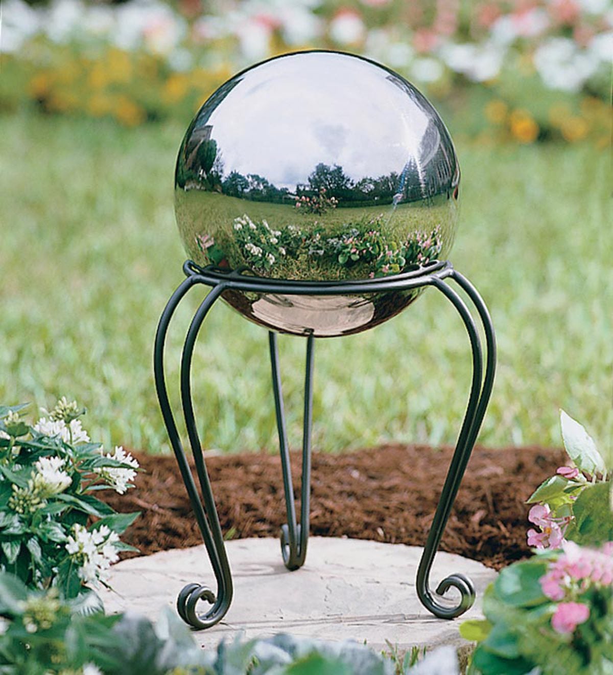 Stainless Steel Gazing Ball with Iron Scroll Stand