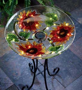 Sunflower Solar-Powered Textured Glass Birdbath With Stand