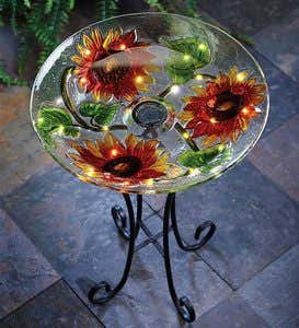 Sunflower Solar-Powered Textured Glass Birdbath With Stand