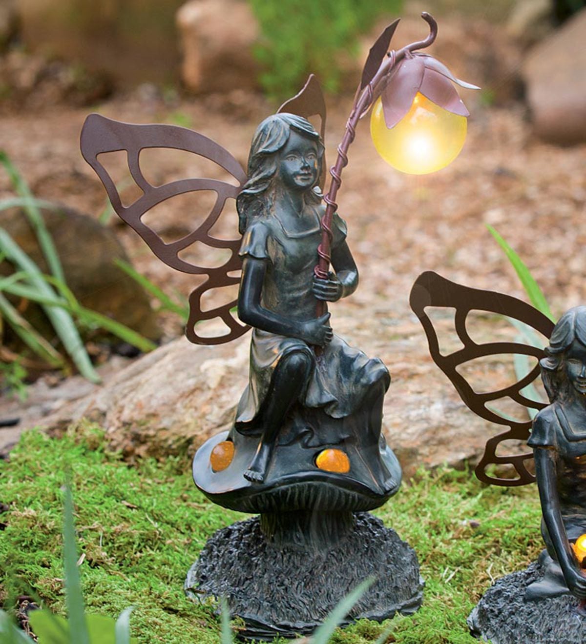 Set of 2 Solar Fairy Garden Statues