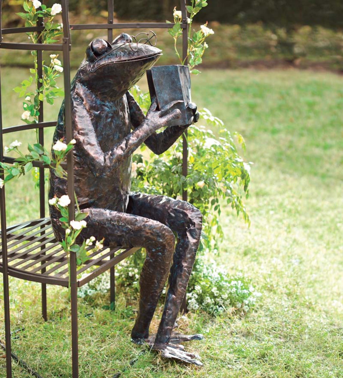 Handmade Metal Reading Frog Garden Sculpture | Plow & Hearth