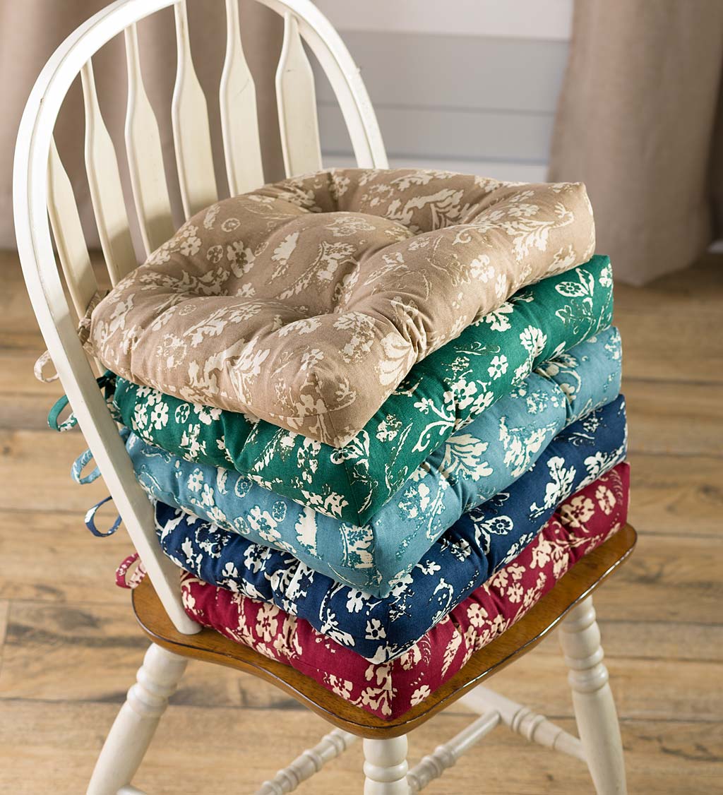 Reversible Floral Damask Tufted Cotton Chair Pad with Ties Steel