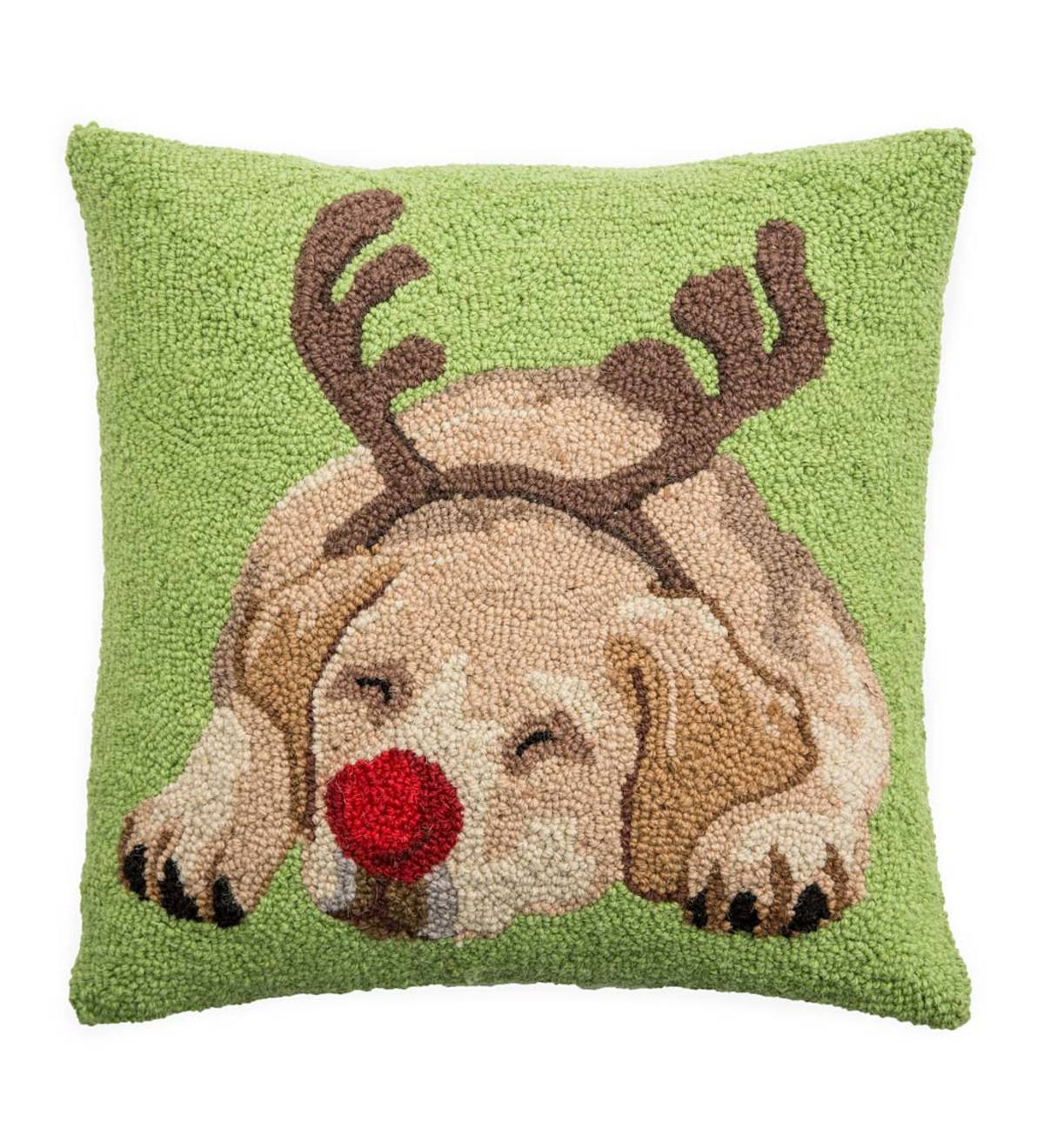 Yellow lab with hearts hooked wool pillow.