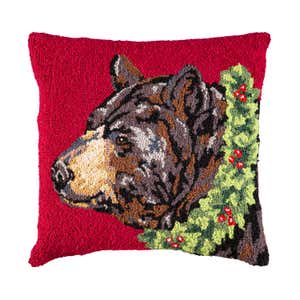 Holiday Bear with Wreath Hand-Hooked Wool Throw Pillow