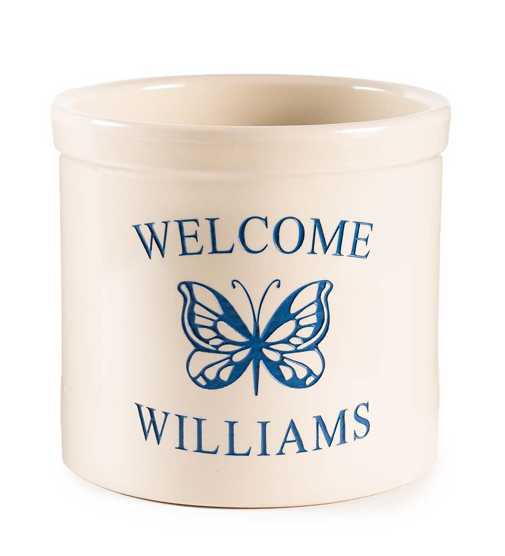 Personalized Stoneware Welcome Crock with Butterfly - Blue