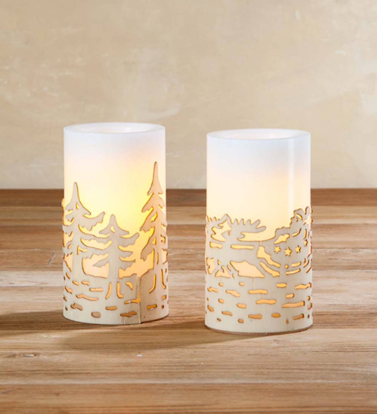 LED Pillar Candles with Holiday Trim, Set of 2