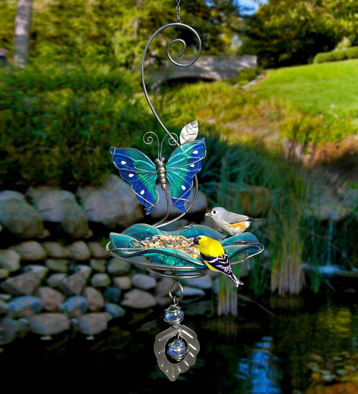 Glass Birdbath and Feeder with Butterfly Motif