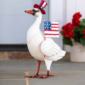 Metal Patriotic Goose Statue with American Flag and Top Hat