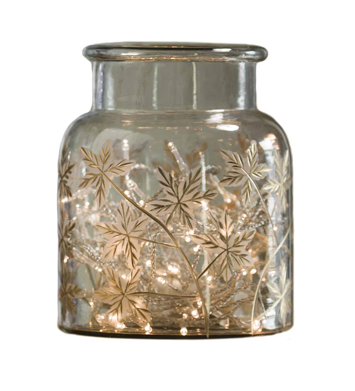 Small Mouth Blown Glass Container with Hand-Etched Leaf Design