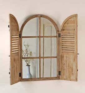 Distressed Wood Frame Mirror with Shutter Doors